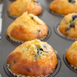 blueberry muffins in muffin tin