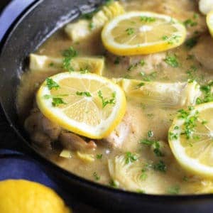 Chicken, Artichokes and Lemon in a skillet ready to serve