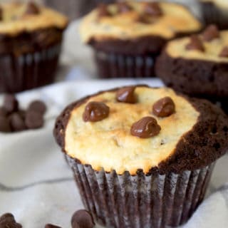 black bottom cupcakes on a white dish towel