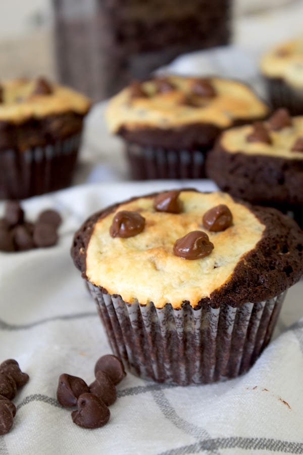 black bottom cupcakes on a white dish towel