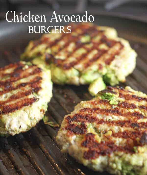 Chicken and Avocado Burgers sizzling in skillet