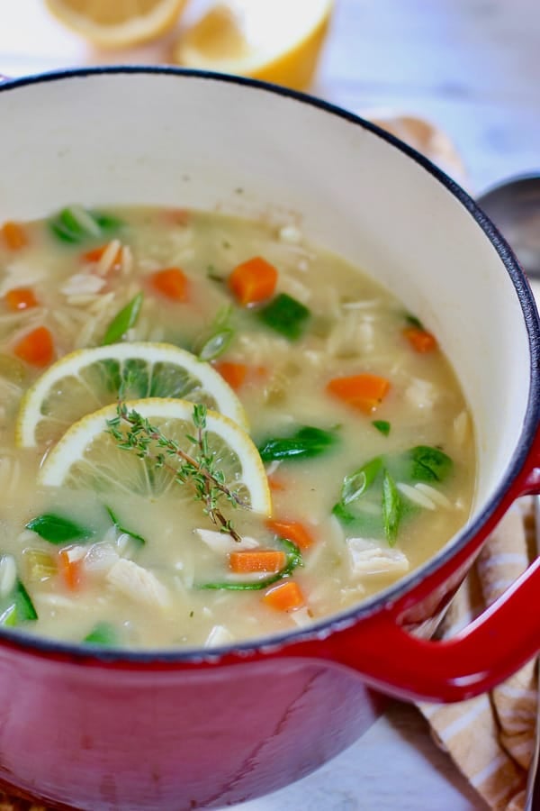 a large red pot with chicken soup