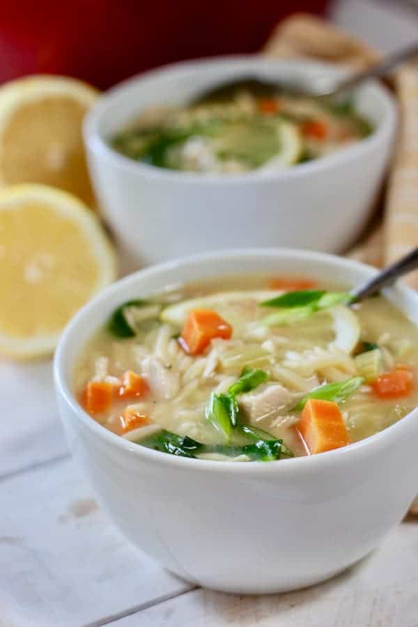 two bowls of lemon orzo soup