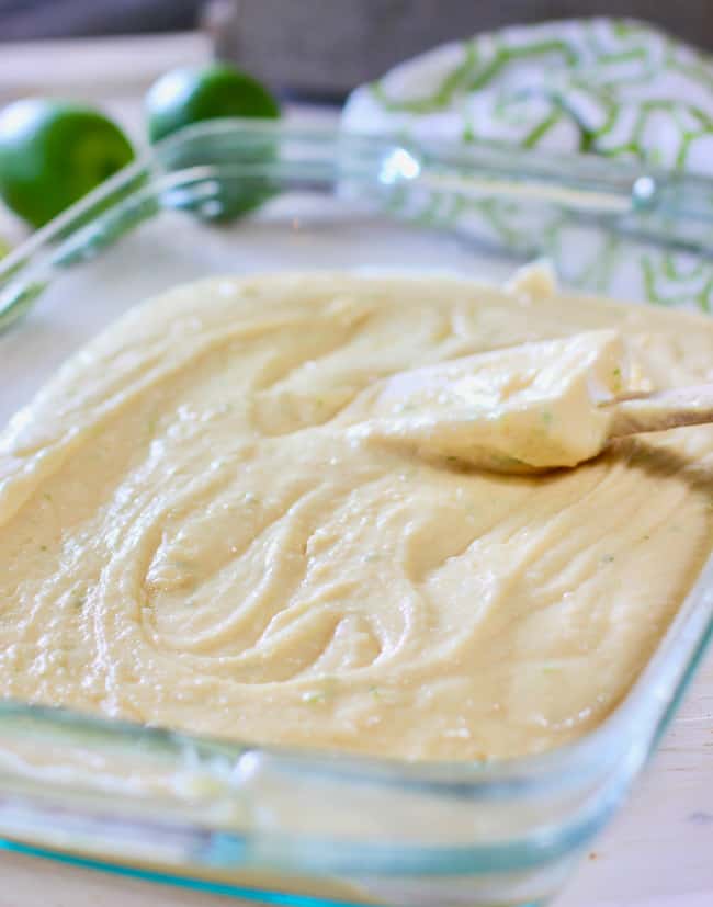 Key Lime Cake Batter in a 9 x 13 pan ready to go in the oven
