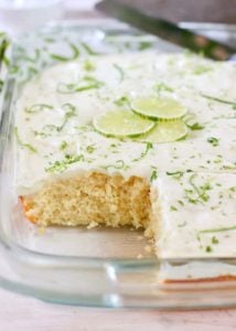 Key Lime Cake frosted and in a 9 x 13 pan