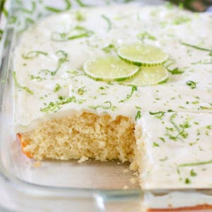 Key Lime Cake frosted and in a 9 x 13 pan