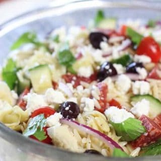 Mediterranean Salad in a clear large bowl