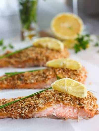 Panko Crusted Salmon sliced up with crunch topping