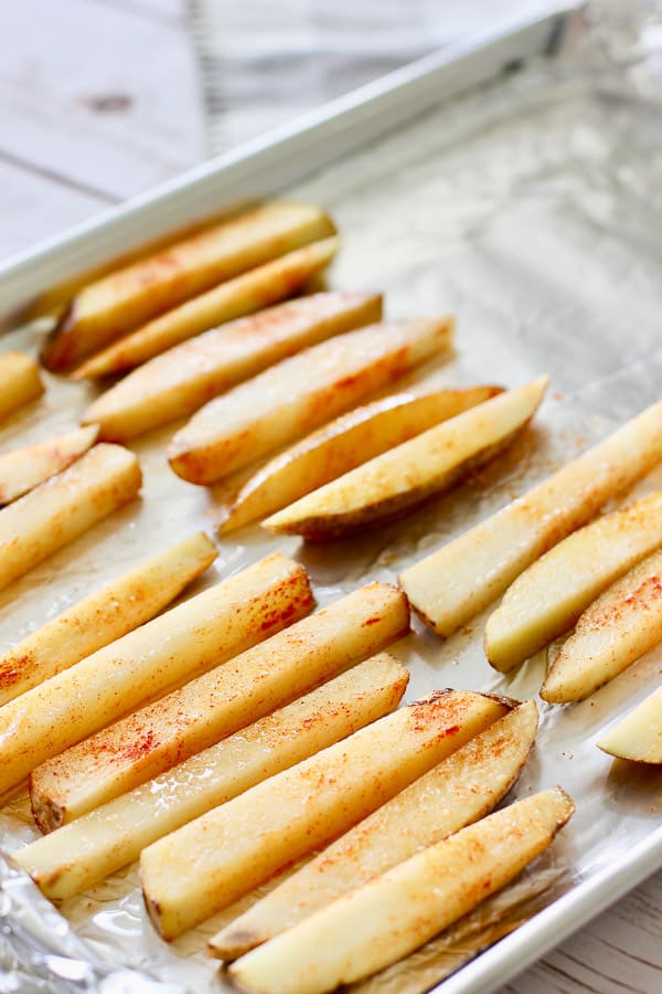 sheet pan french fries ready to bake