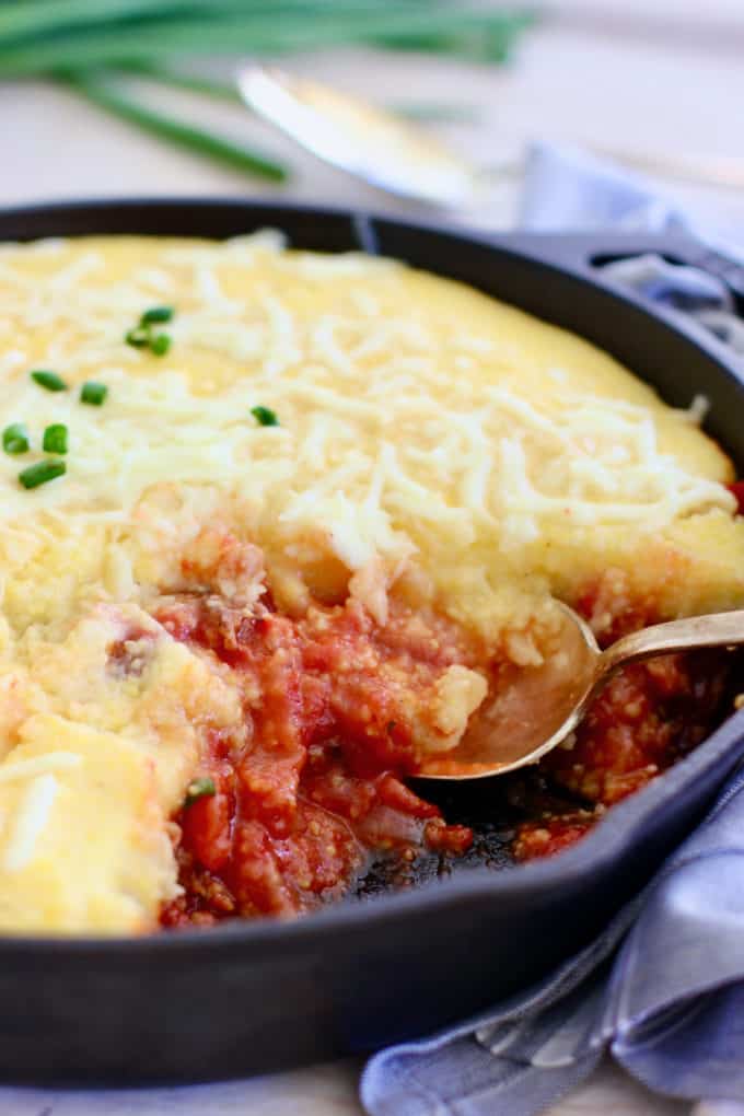 Polent Pie in a cast iron skillet