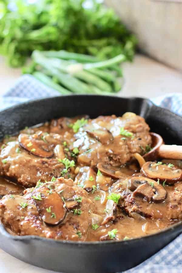 Easy Salisbury Steak in a cast iron skillet