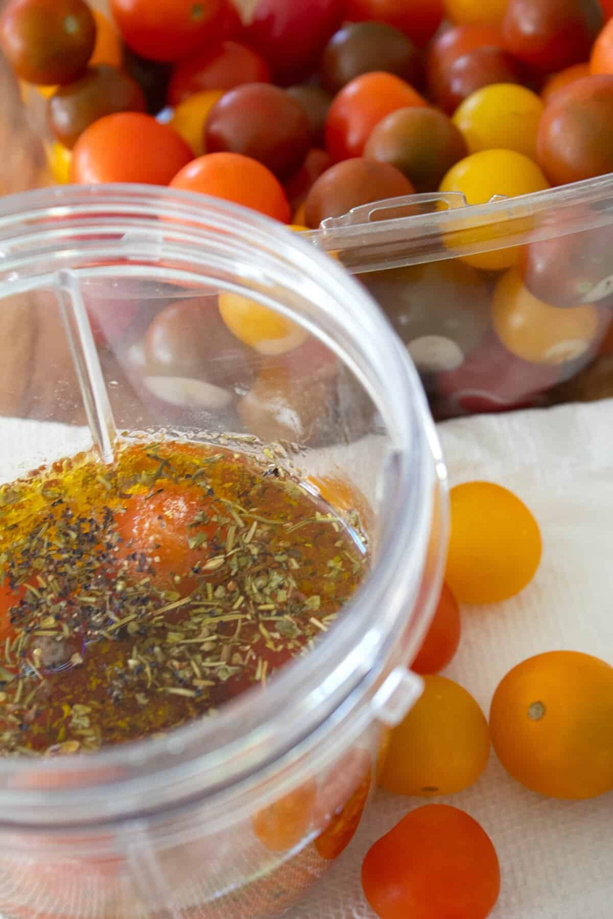overhead shot of tomato vinaigrette in a blender