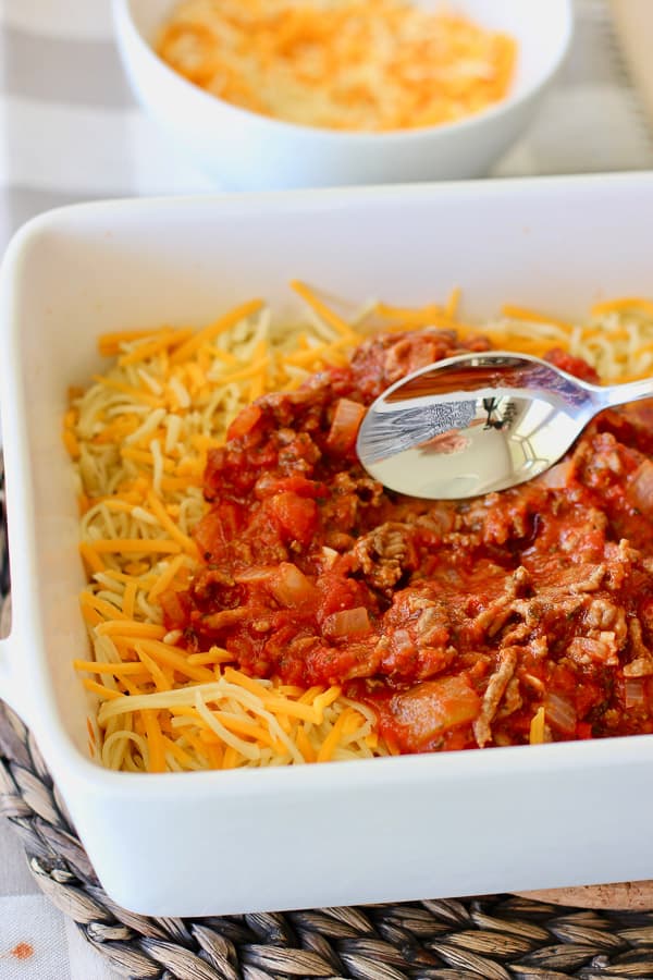 baked spaghetti layered in casserole dish