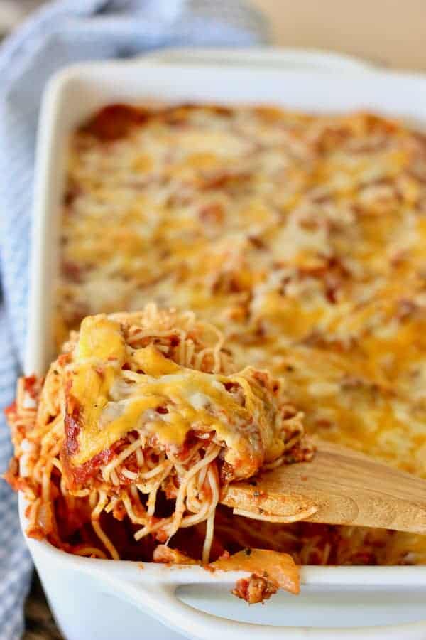 Baked Spaghetti Casserole being served