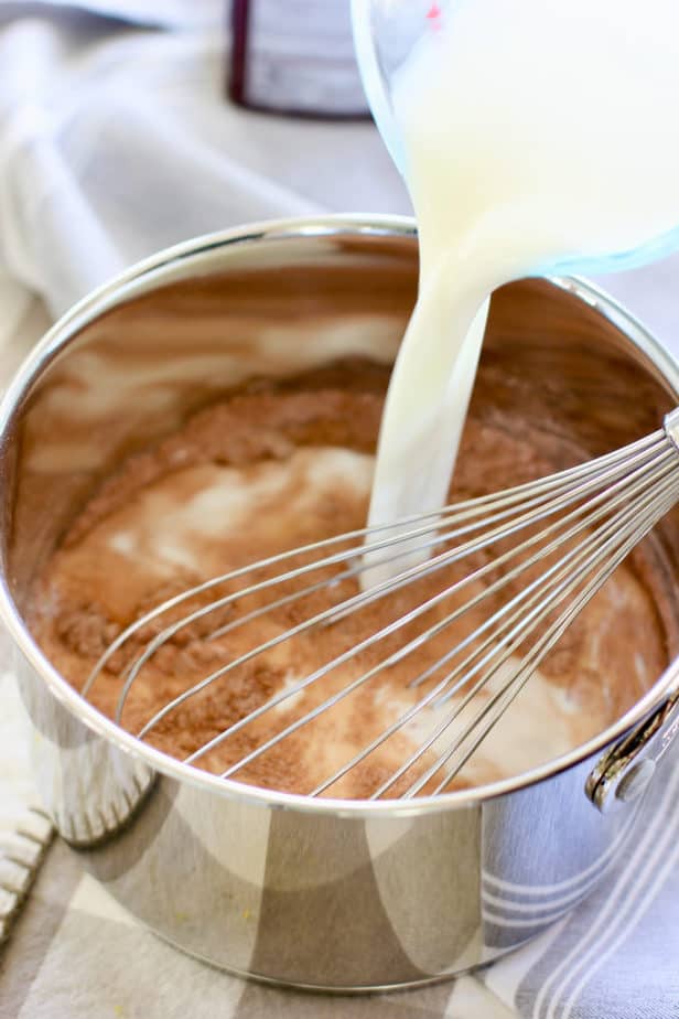 add milk to dry ingredients for chocolate pudding