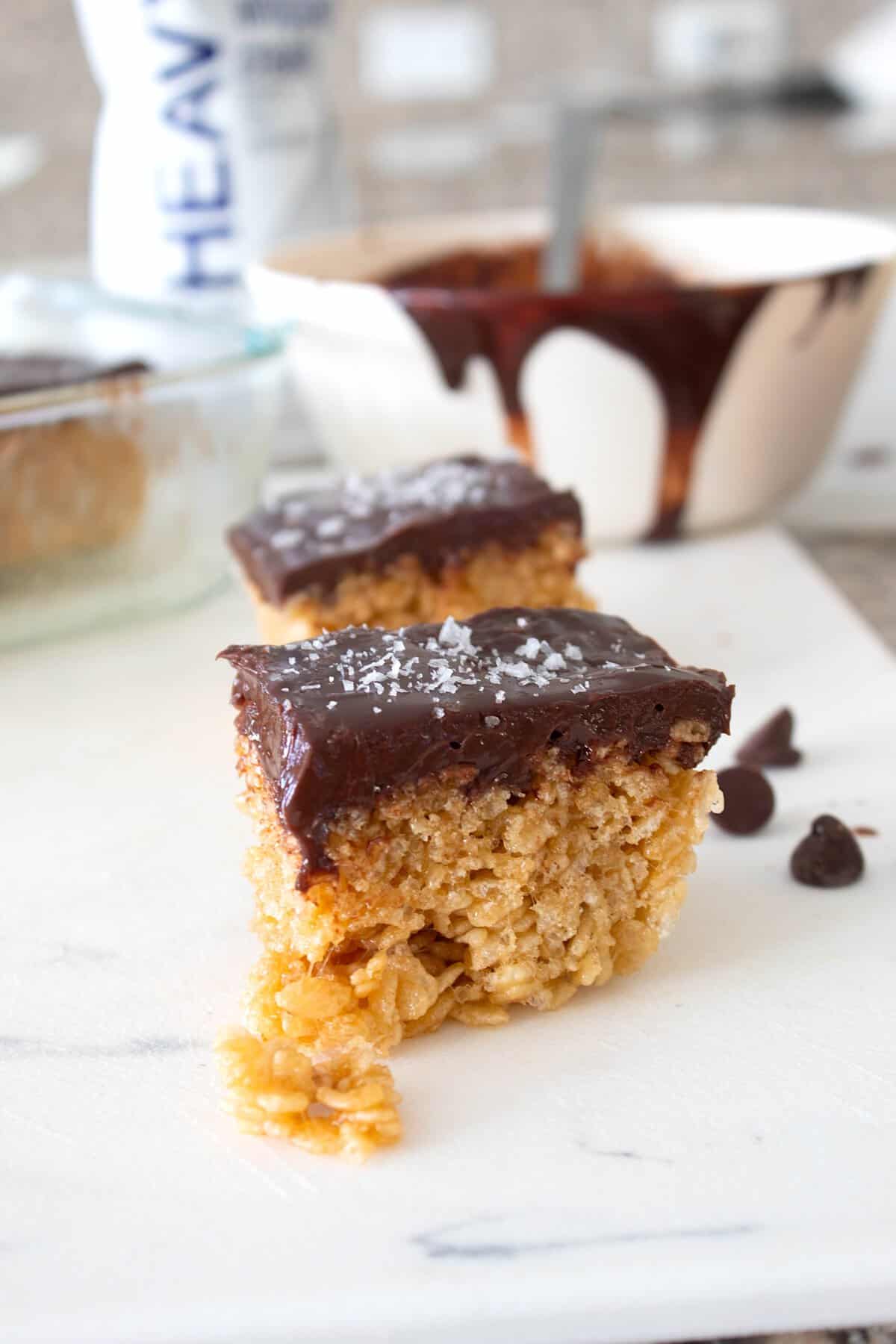 close up of salted caramel Rice Krispie treats