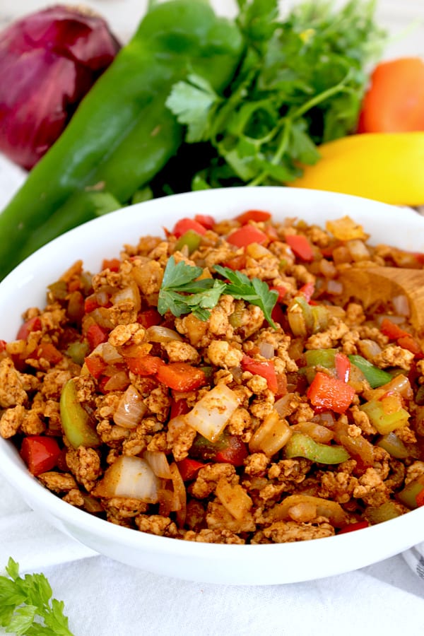 bowl of taco meat with veggies