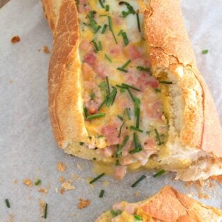 overhead shot of baked egg boat