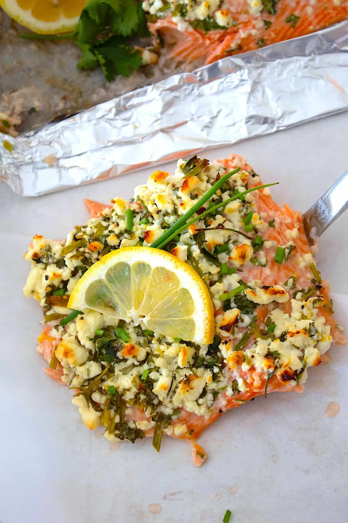 overhead view of salmon filet on a spatula