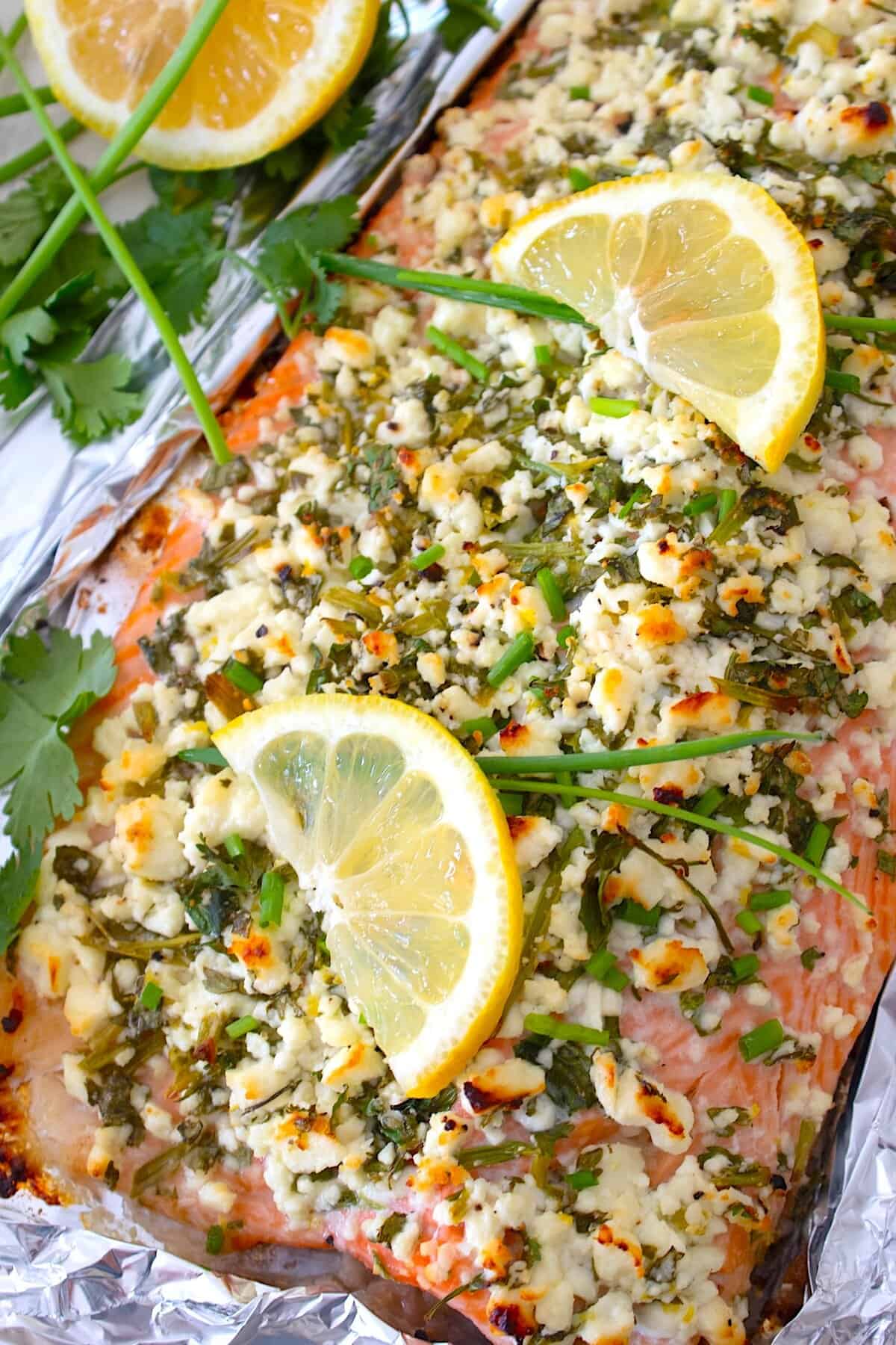 overhead view of finished salmon fully cooked