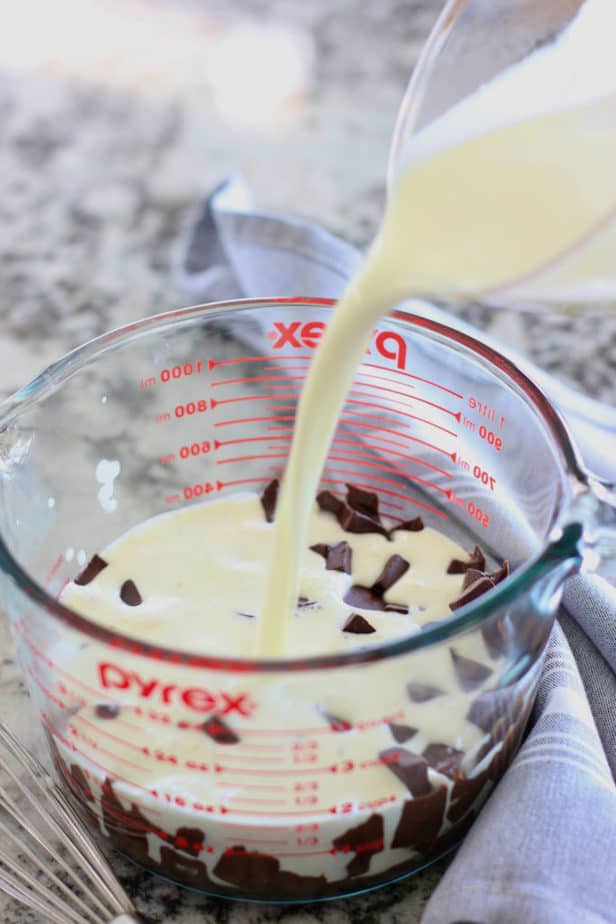 add cream to warm chocolate chips to make ganache