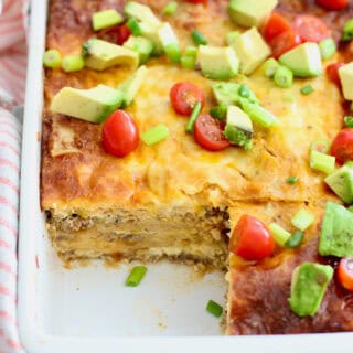 Mexican Casserole in a 9 x 13 white pan