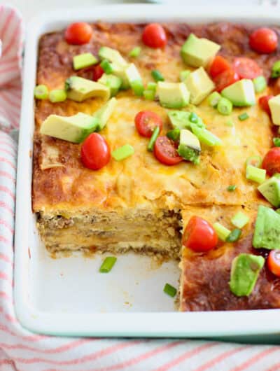 Mexican Casserole in a 9 x 13 white pan
