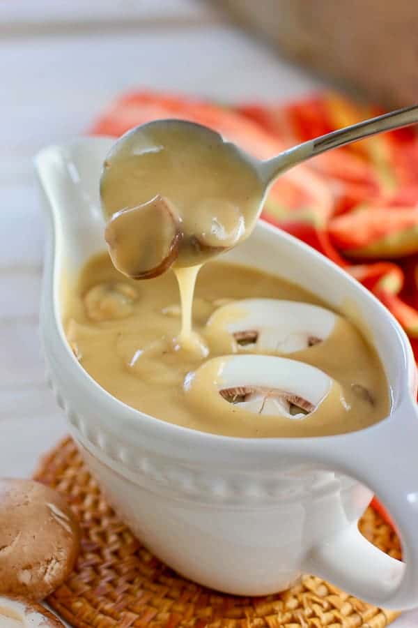 Mushroom Gravy in a white gravy dish