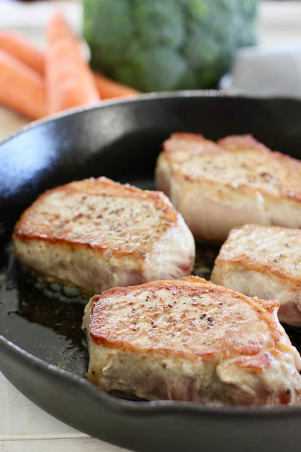 sear pork chops in olive oil and a bit of butter 