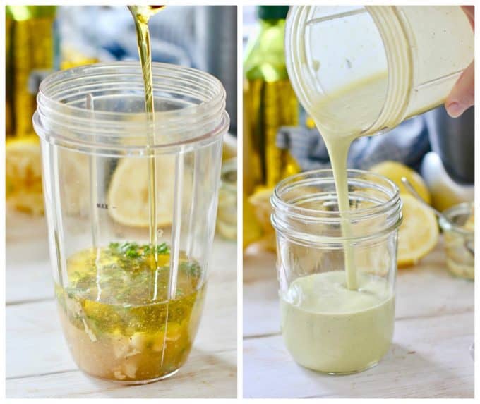 Vinaigrette ingredients in a blender before blending and after blending