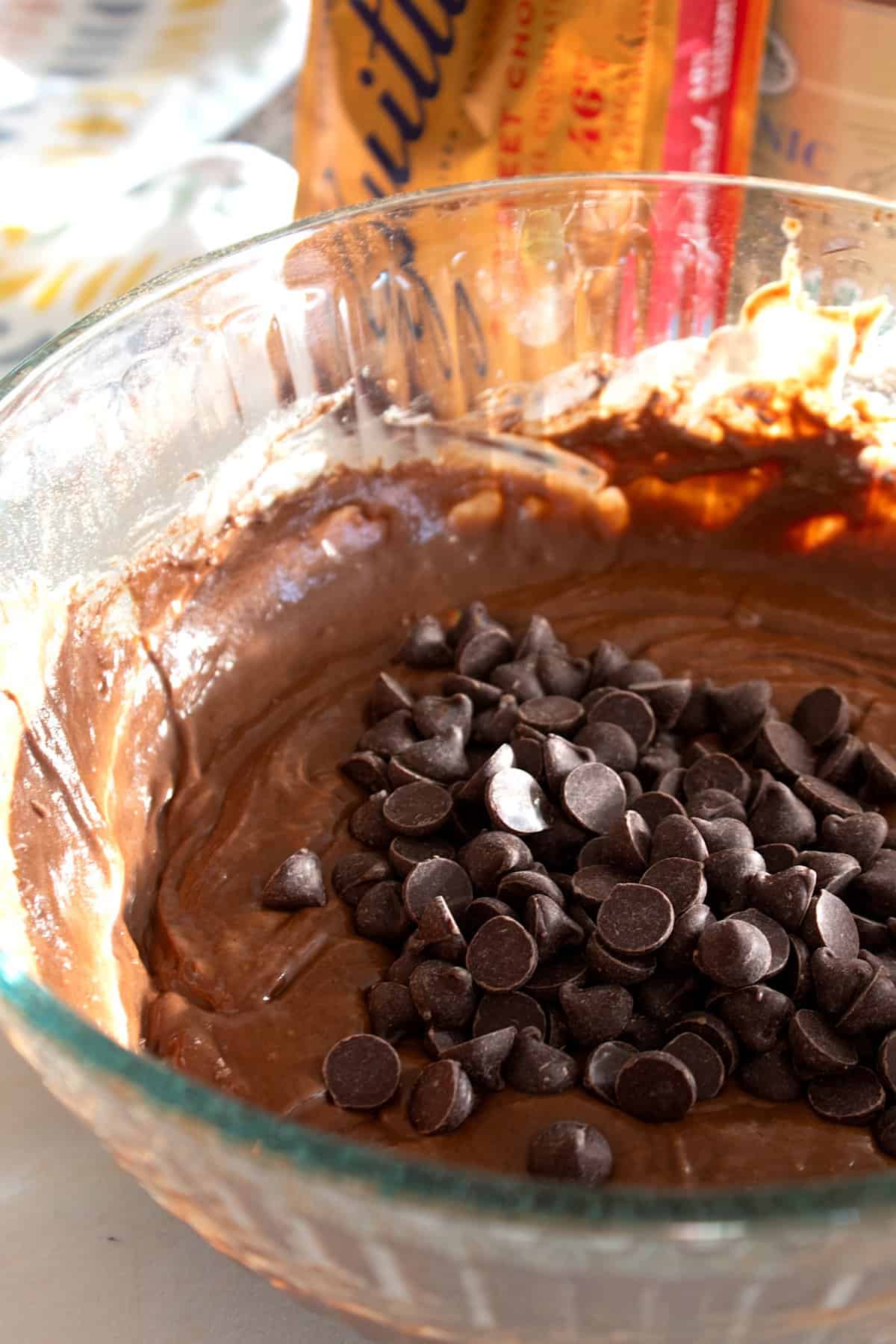 mixing batter with chocolate chips