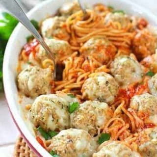 Baked Spaghetti with Chicken Parmesan Meatballs