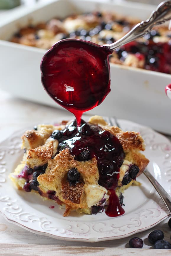 Blueberry Syrup poured over warm casserole