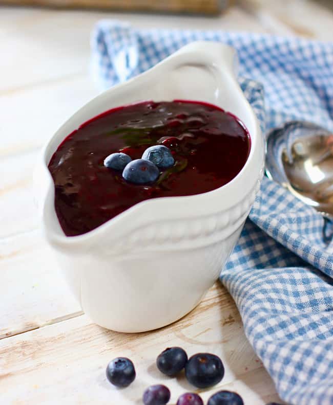 Homemade Blueberry Syrup in a beautiful gravy boat