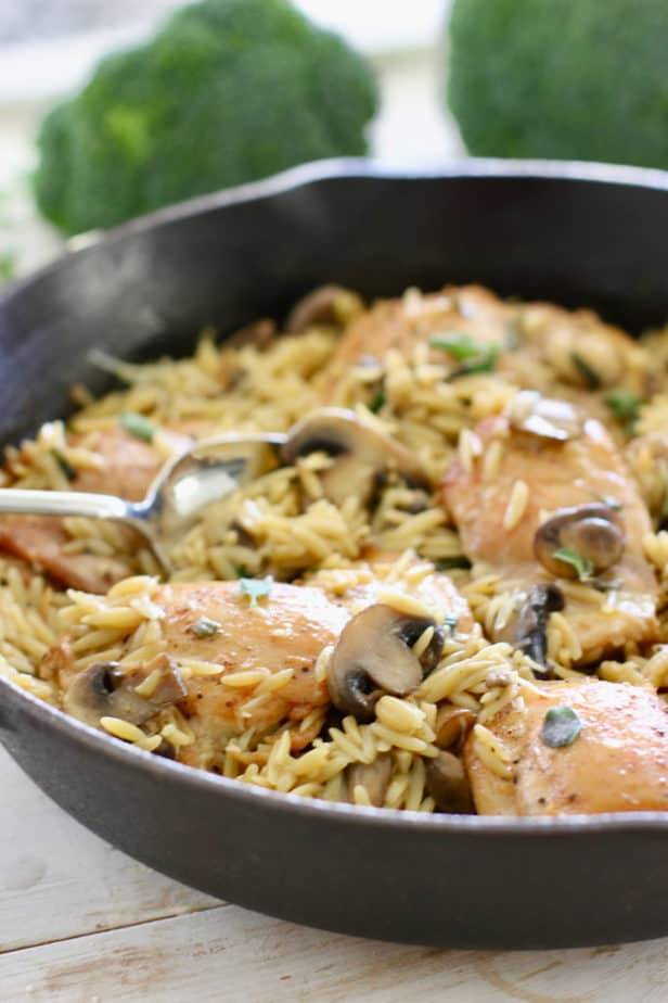 Creamy One Skillet Chicken with Mushrooms and Orzo - Laughing Spatula