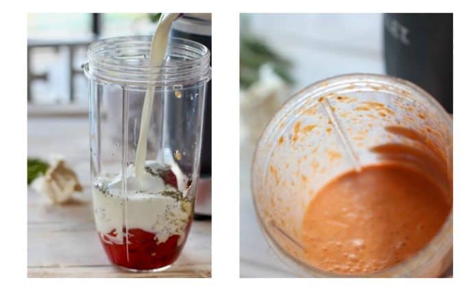 Pouring cream into blender with roasted red peppers to blend.