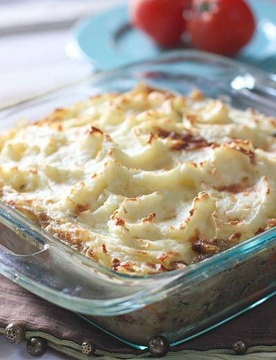 Shepherds Pie fresh out of the oven with browned mashed potato peaks. 