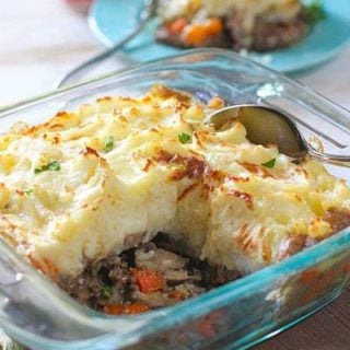 Shepherds Pie In a clear glass dish ready to serve!