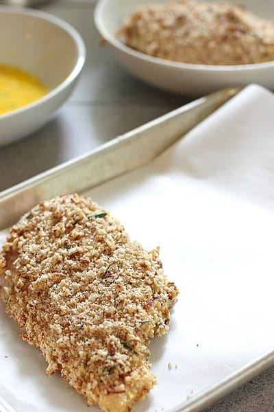 Pecan crusted chicken ready for the oven