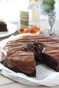 Chocolate whiskey cake on a platter