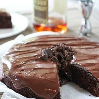 Chocolate whiskey cake on a platter