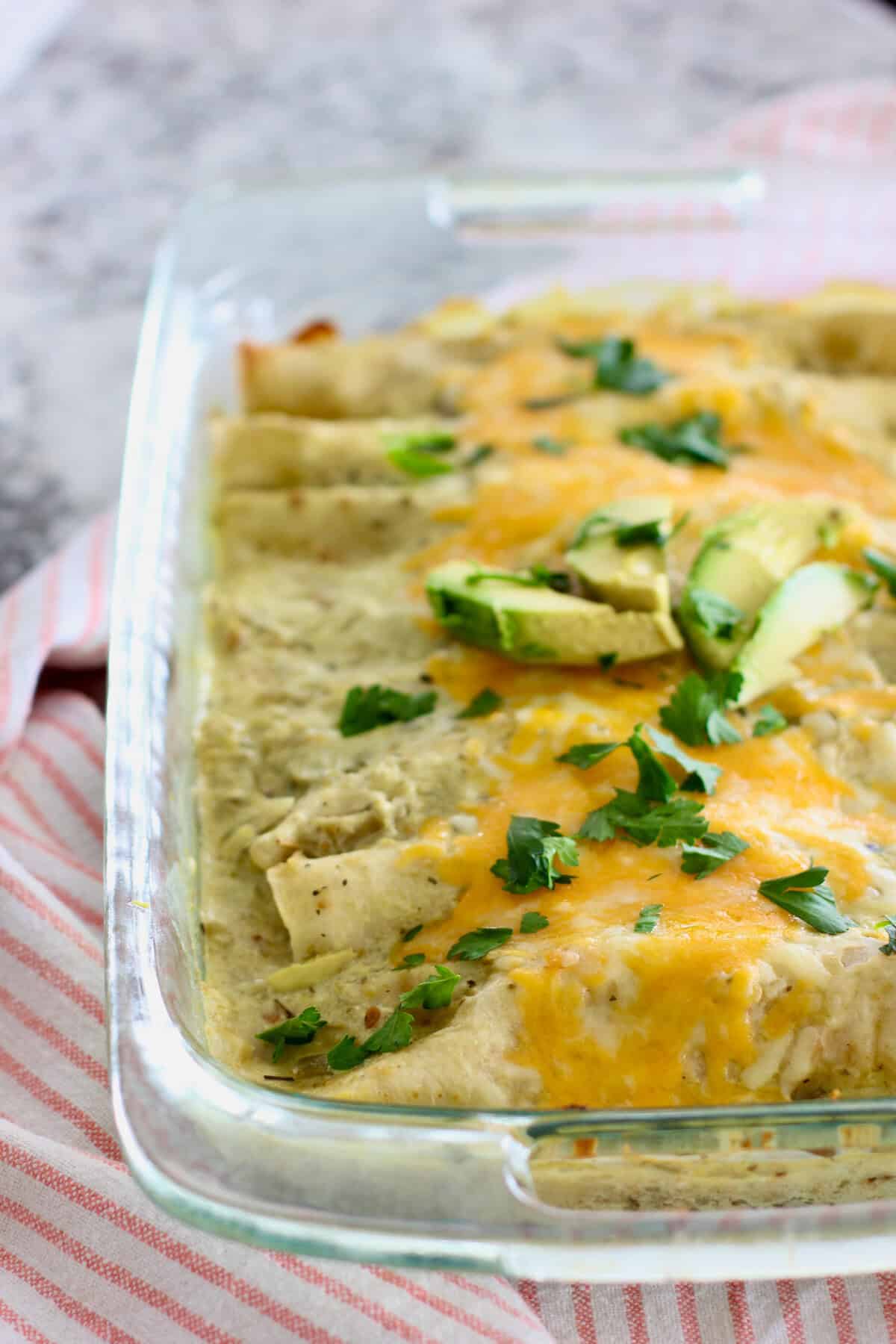 Salsa Verde Enchilada Casserole dish