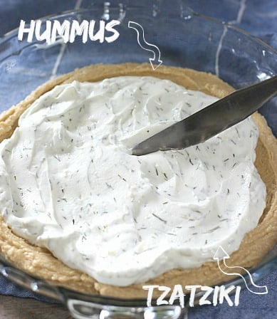 Hummus layer followed by tzatzkiki