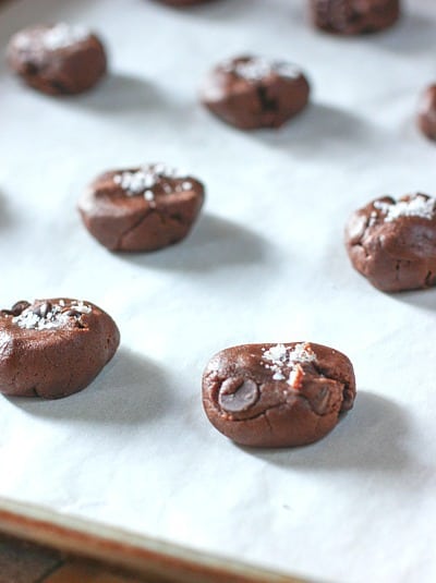 Salted Chocolate Cookie Dough on a sheet pan ready to go in the oven