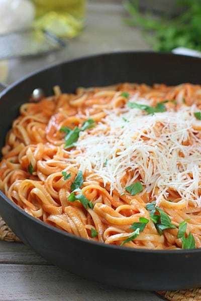 Tomato Pasta in a skillet with cheese