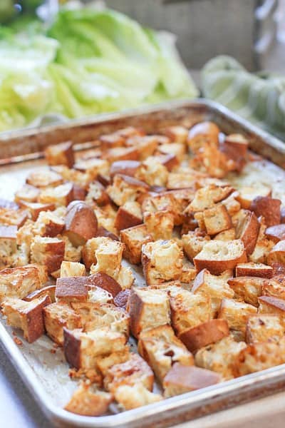 Spicy Croutons on a sheet pan