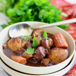 Beef Bourguignon served in a bowl ready to eat