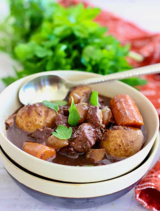 Beef Bourguignon  served in a bowl ready to eat