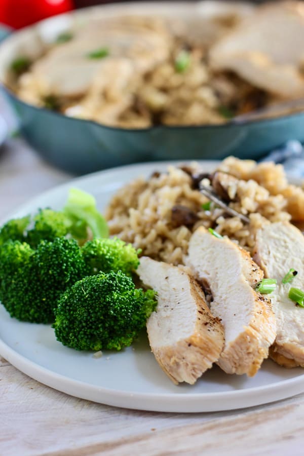 chicken rice and broccoli on small white plate