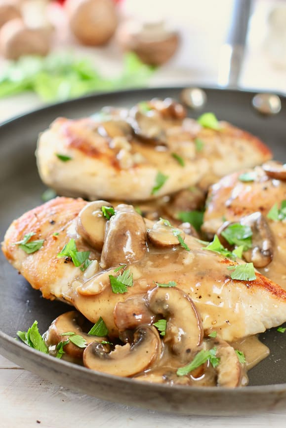 Seared Chicken with Mushroom Sauce on skillet